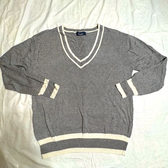 Zara Man Gray V-Neck Silk Blend Sweater with Cream White Trim Size XL - Picture 2 of 8